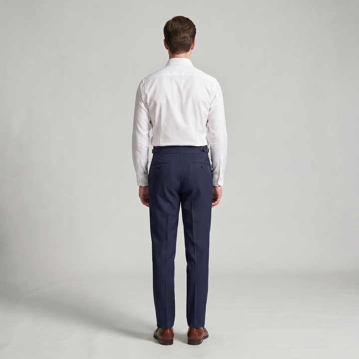 Herenpantalon met hoge taille, dubbele plooien en gespband