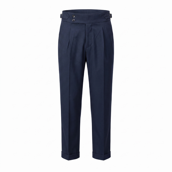 Herenpantalon met hoge taille, dubbele plooien en gespband