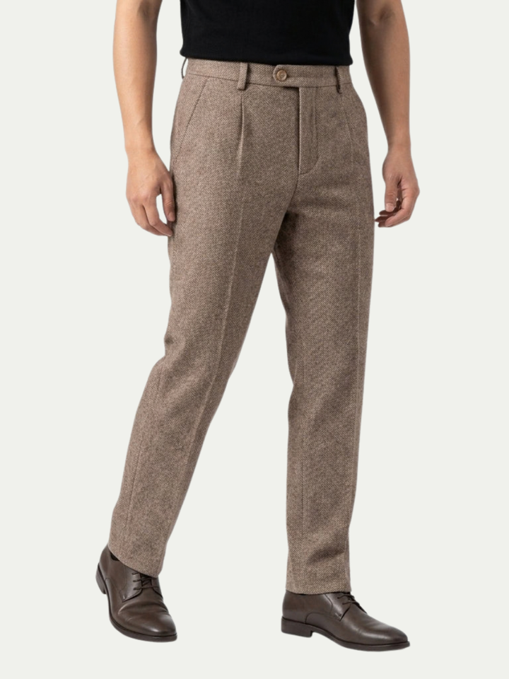 Pantaloni eleganti plissettati da uomo in lana a spina di pesce