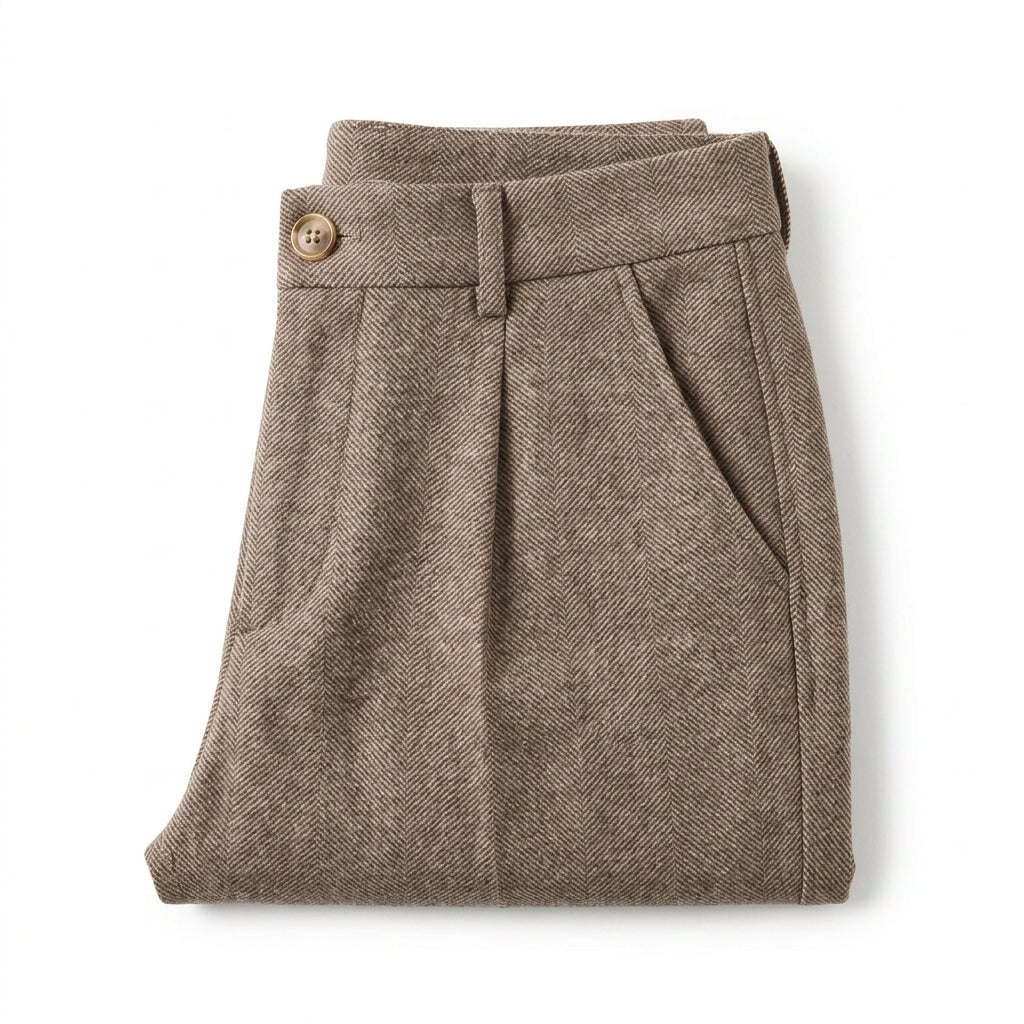 Pantaloni eleganti plissettati da uomo in lana a spina di pesce