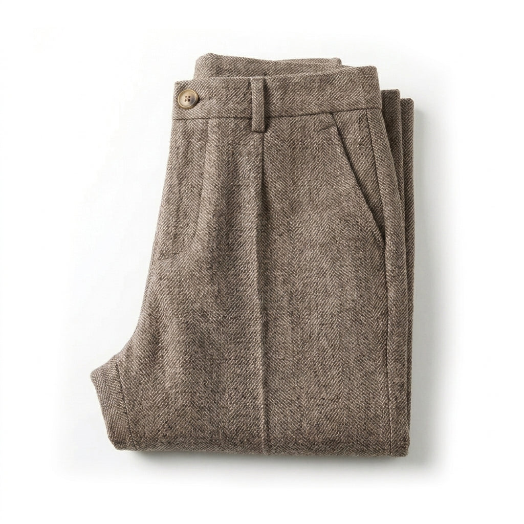 Pantaloni eleganti plissettati da uomo in lana a spina di pesce