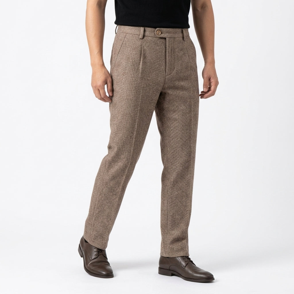 Pantaloni eleganti plissettati da uomo in lana a spina di pesce