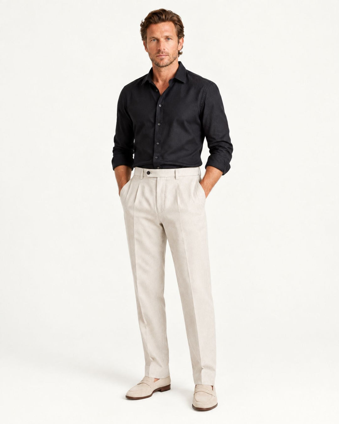 Men's Pull-On Dress Trousers with Straight Leg and Pleated Front