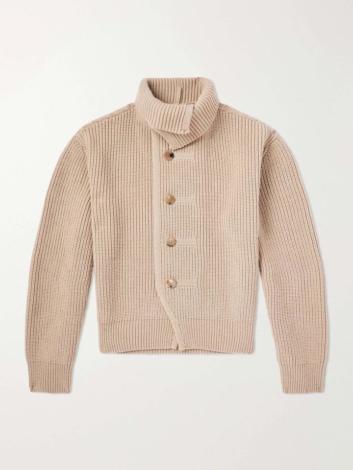 Herren-Strickjacke aus gerippter Wolle mit breitem Kragen und Knopfleiste