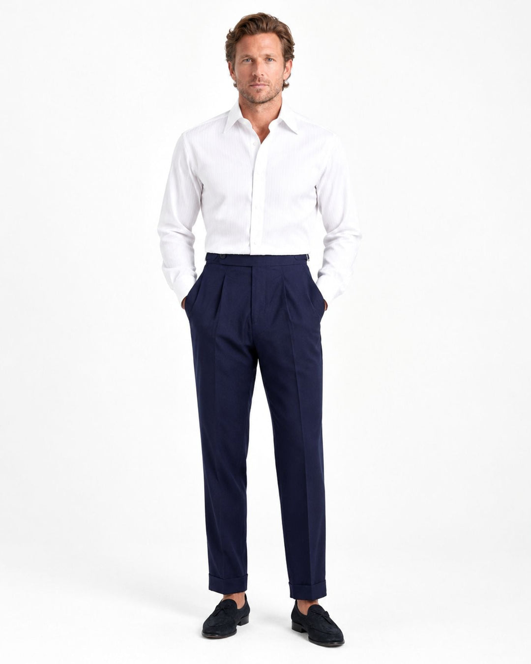 Men's Slim-Fit Dress Trousers with Pleated Front and Tapered Leg