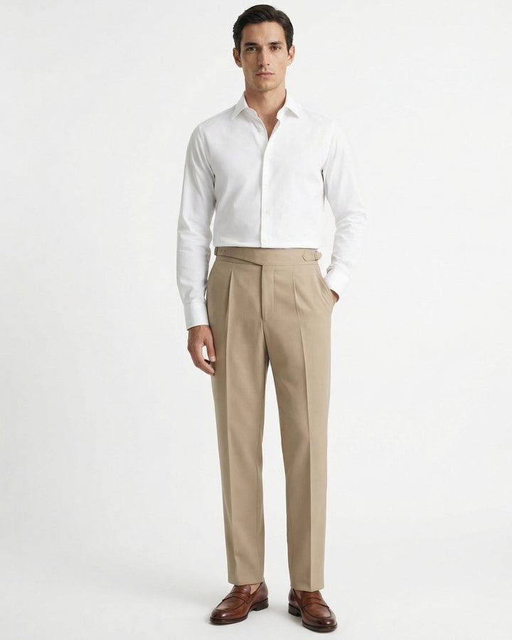 Pantaloni da uomo in lana pettinata con piega, gamba dritta e risvolto al fondo