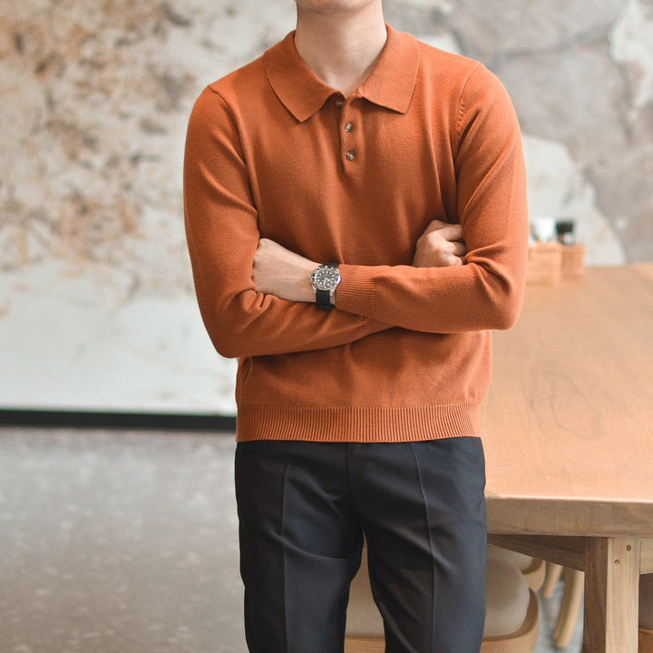 Polo Homme Manches Longues en Maille Coupe Slim avec Poignets Côtelés
