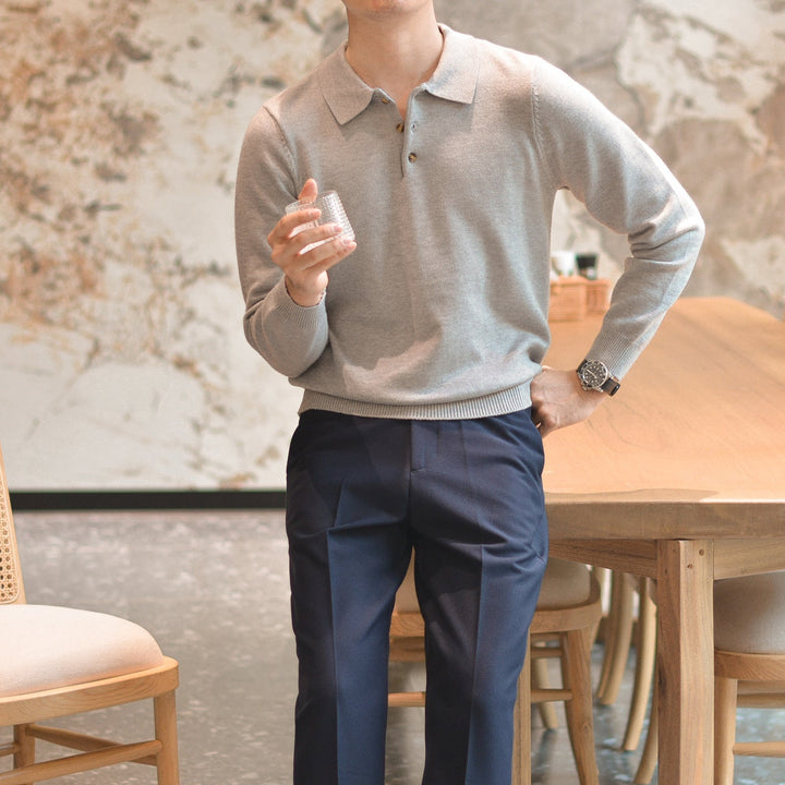 Polo Homme Manches Longues en Maille Coupe Slim avec Poignets Côtelés
