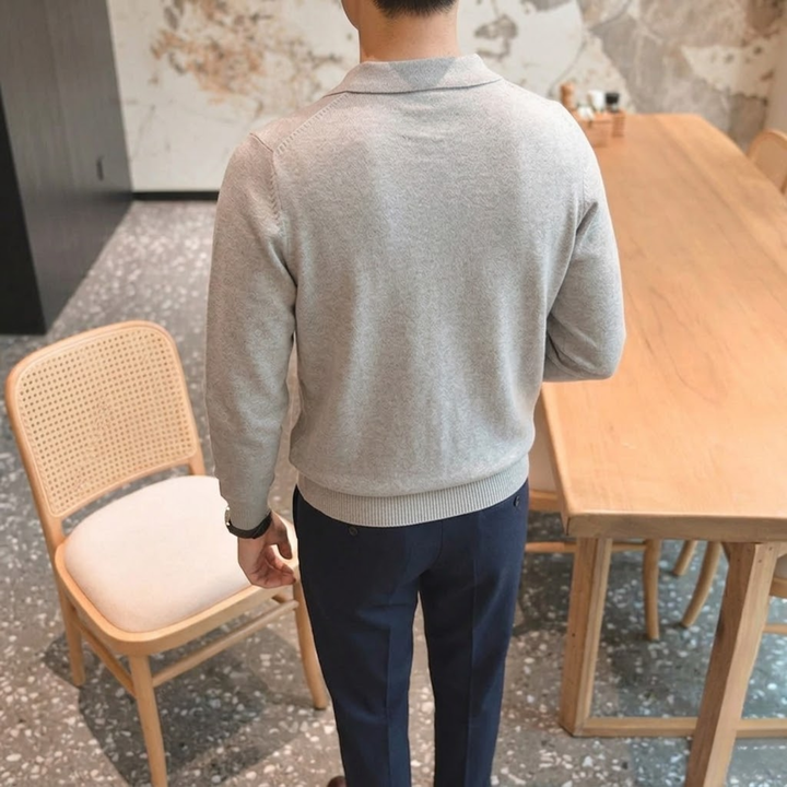 Polo Homme Manches Longues en Maille Coupe Slim avec Poignets Côtelés