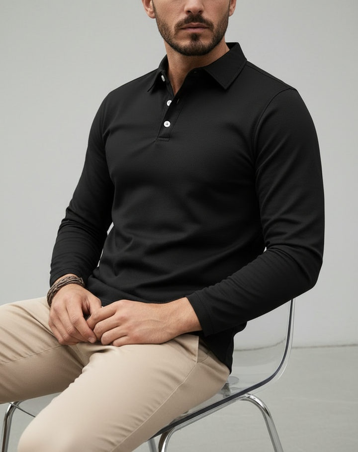 Langarm-Poloshirt für Herren aus Stretch-Strick mit Knopfleiste
