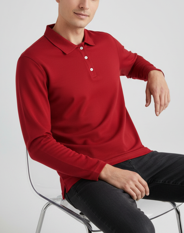 Langarm-Poloshirt für Herren aus Stretch-Strick mit Knopfleiste