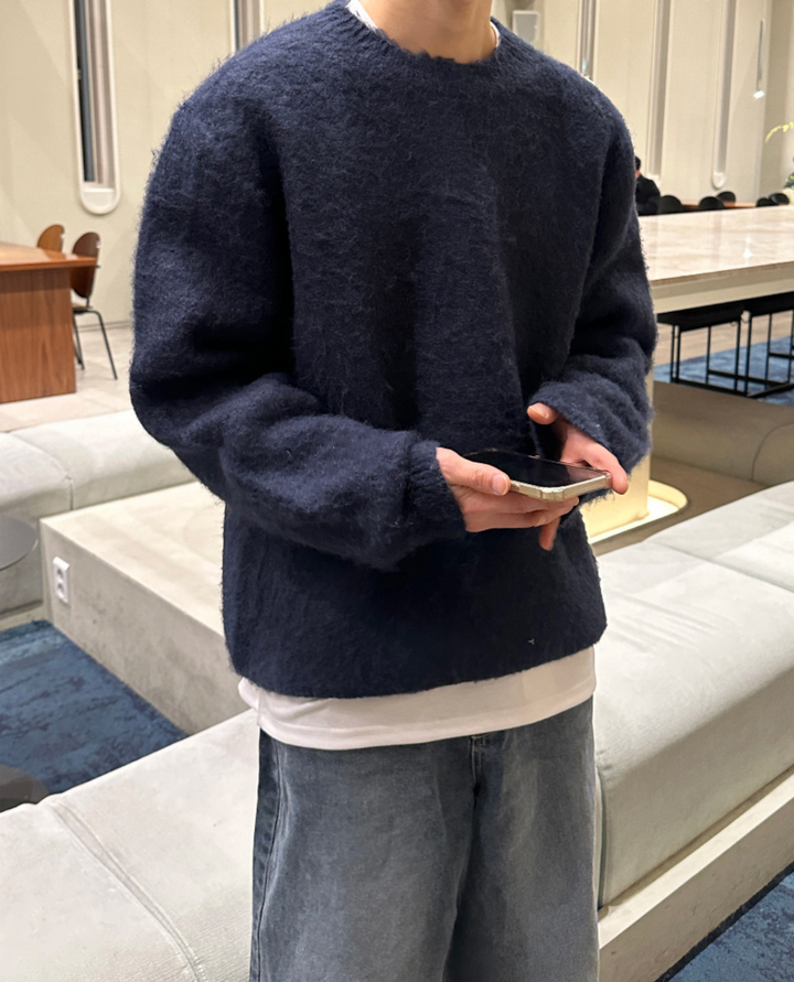 Pull Homme Col Rond en Maille Texturée avec Bordures Côtelées