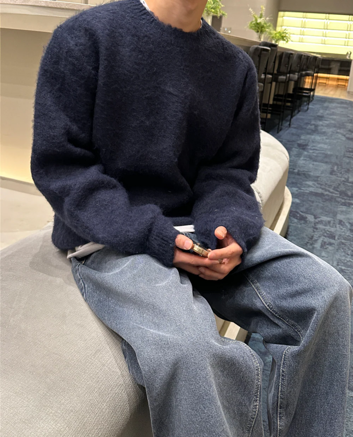 Pull Homme Col Rond en Maille Texturée avec Bordures Côtelées