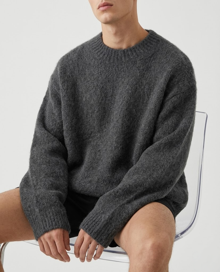 Pull Homme Col Rond en Maille Texturée avec Bordures Côtelées