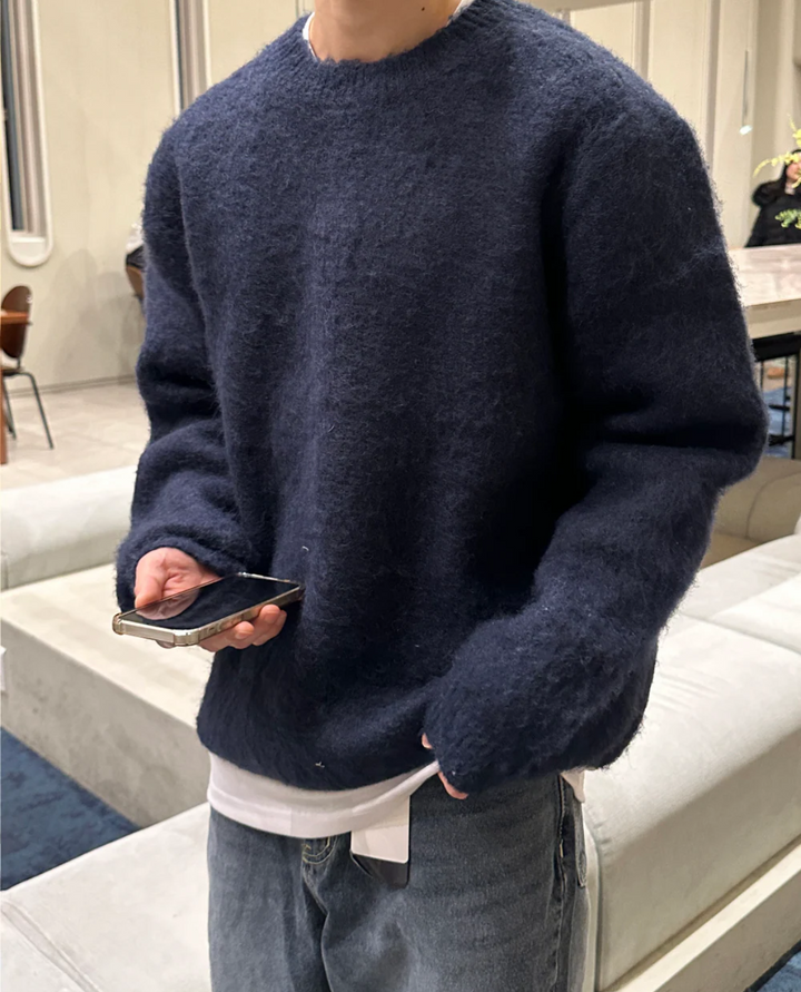 Pull Homme Col Rond en Maille Texturée avec Bordures Côtelées