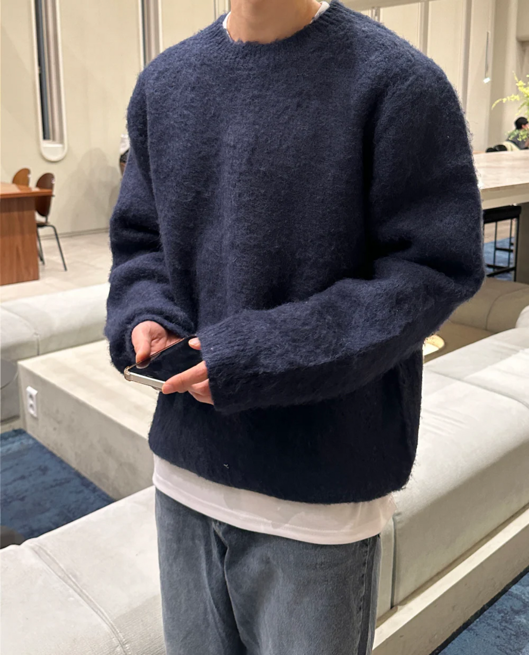 Pull Homme Col Rond en Maille Texturée avec Bordures Côtelées