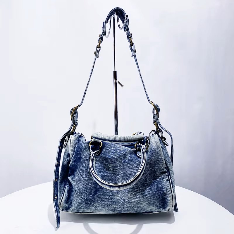 Women's Washed Denim Handbag with Zippered Pockets and Handles