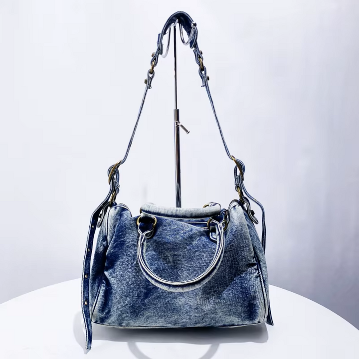Women's Washed Denim Handbag with Zippered Pockets and Handles