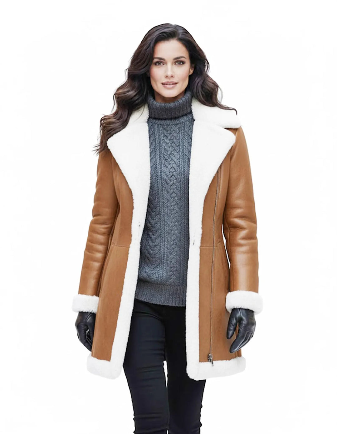 Giacca da donna in vera pelle di agnello color cammello con colletto in pelliccia sintetica e chiusura con zip