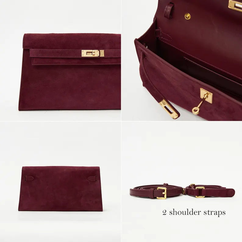 Women's genuine suede pochette bag with flap and turn-lock closure