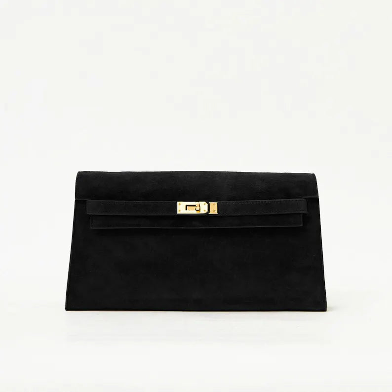 Women's genuine suede pochette bag with flap and turn-lock closure