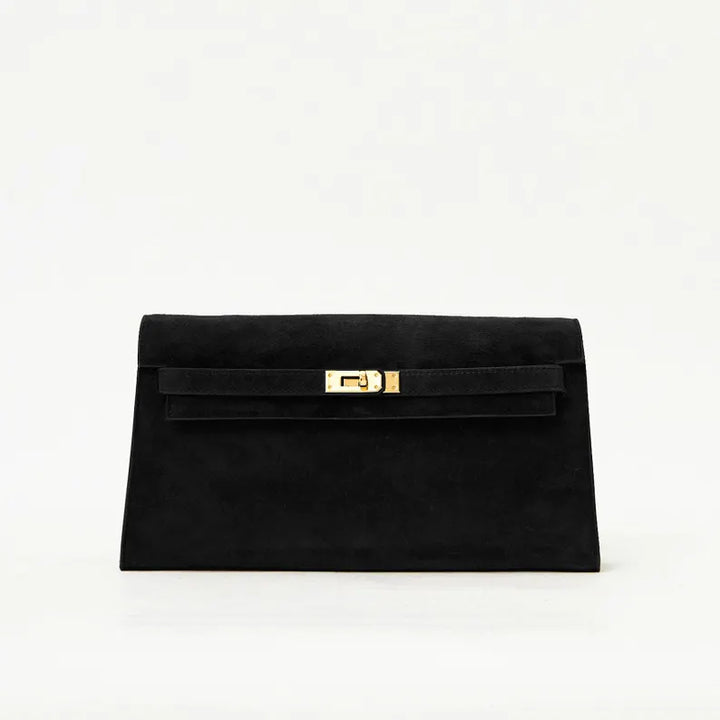 Women's genuine suede pochette bag with flap and turn-lock closure