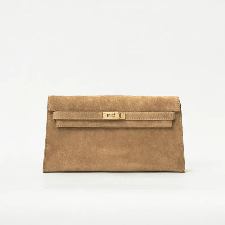 Women's genuine suede pochette bag with flap and turn-lock closure