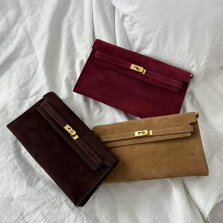 Women's genuine suede pochette bag with flap and turn-lock closure