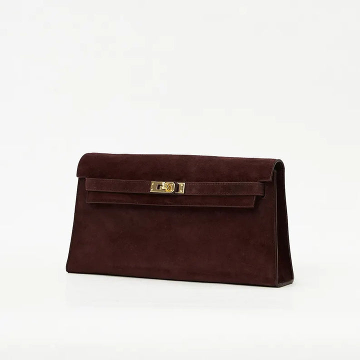 Women's genuine suede pochette bag with flap and turn-lock closure