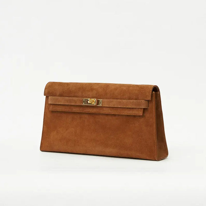 Women's genuine suede pochette bag with flap and turn-lock closure