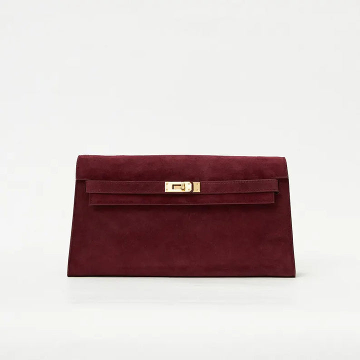 Women's genuine suede pochette bag with flap and turn-lock closure