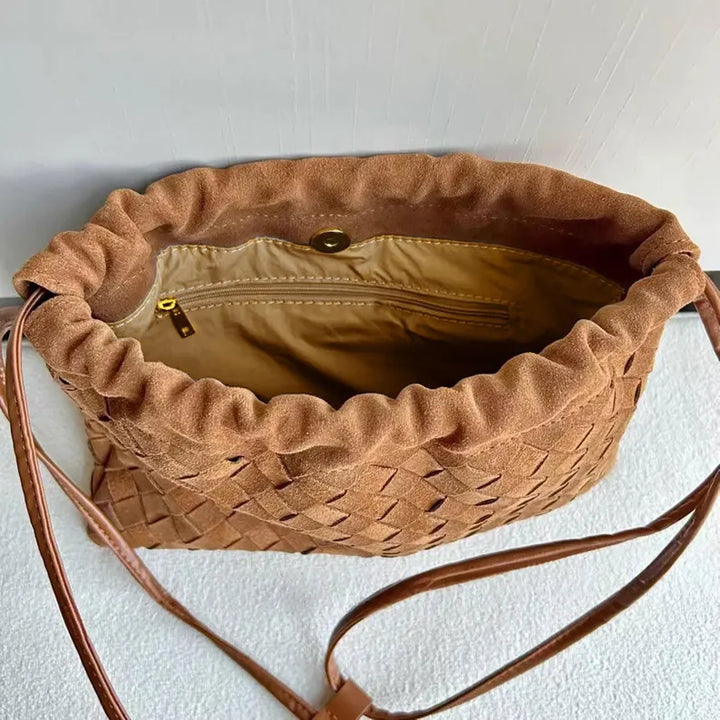 Sac À Épaule Femme en Daim Tissé Main avec Fermeture Cordon