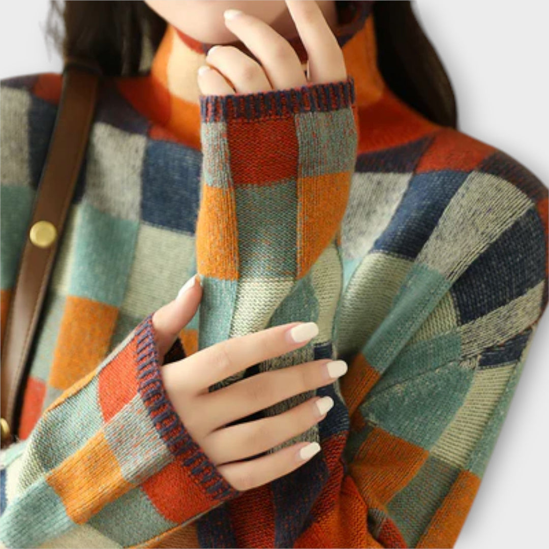 Pull à Col Roulé Patchwork Coloré à Motif Carreaux