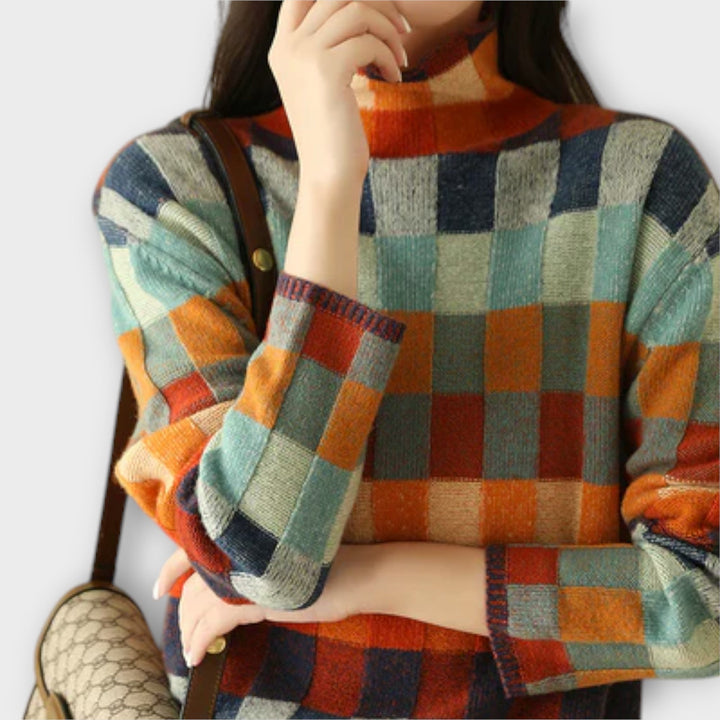Pull à Col Roulé Patchwork Coloré à Motif Carreaux