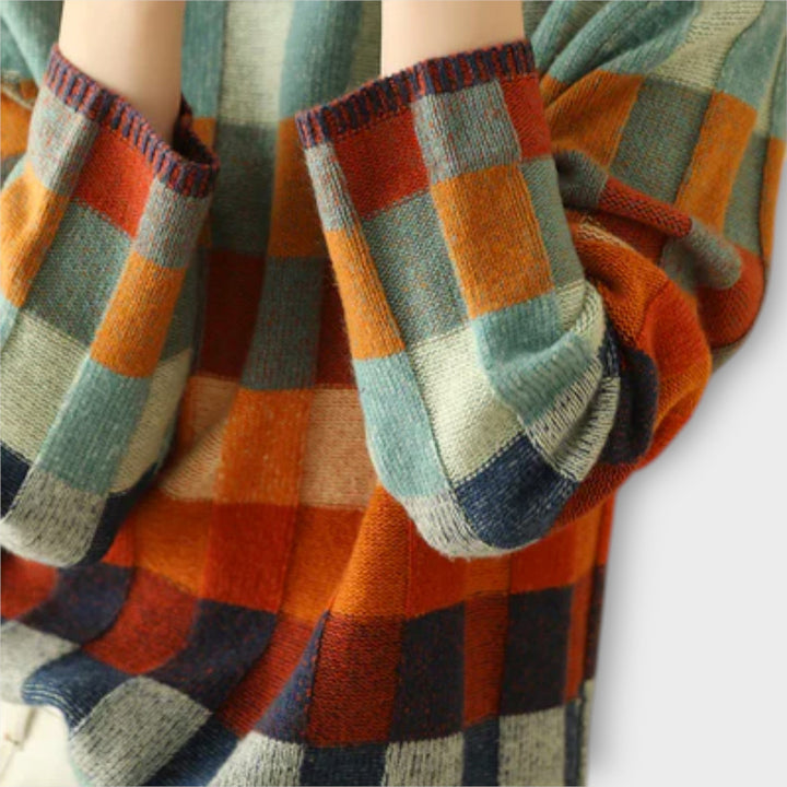 Pull à Col Roulé Patchwork Coloré à Motif Carreaux