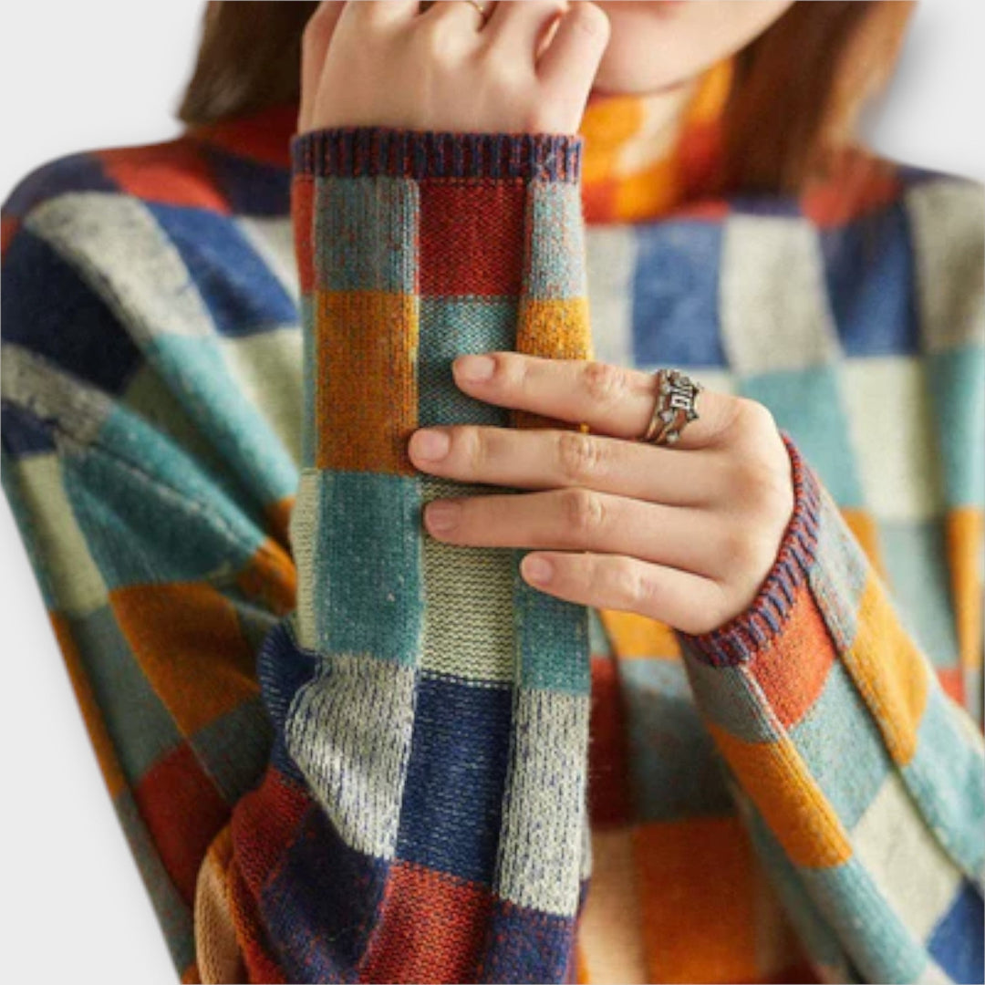 Pull à Col Roulé Patchwork Coloré à Motif Carreaux