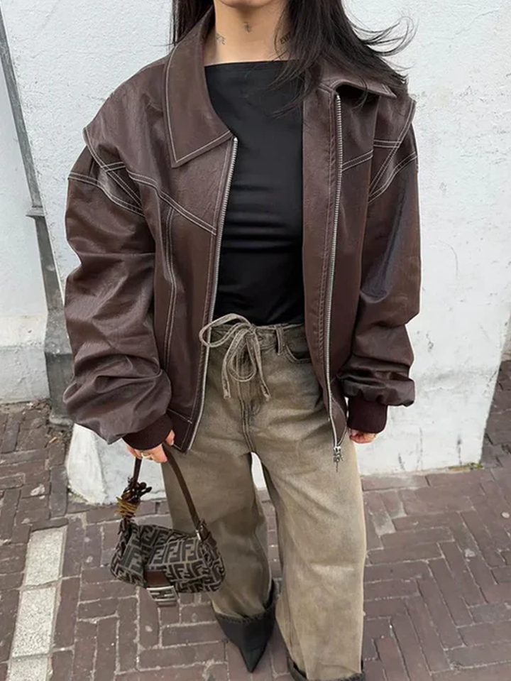 Oversize damesvest - contrasterende naden