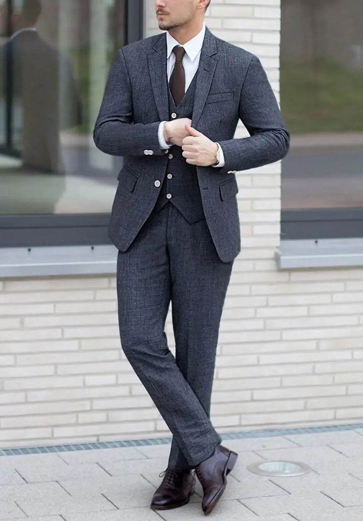 Costume Trois Pièces Homme Coupe Ajustée en Lin avec Col Notch et Gilet Cinq Boutons
