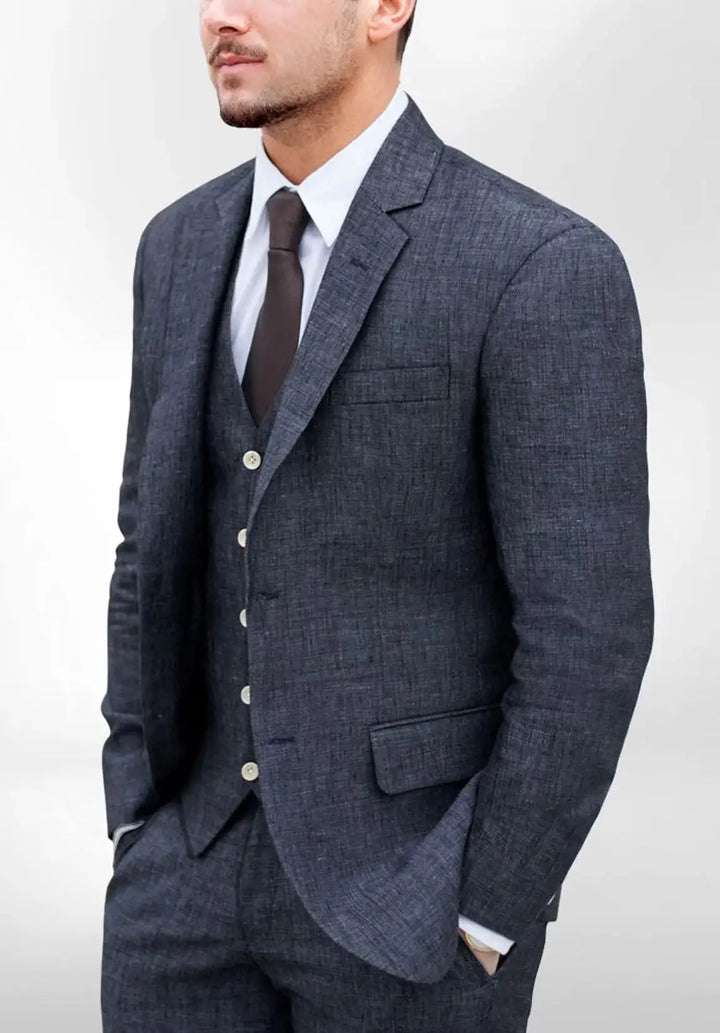 Costume Trois Pièces Homme Coupe Ajustée en Lin avec Col Notch et Gilet Cinq Boutons