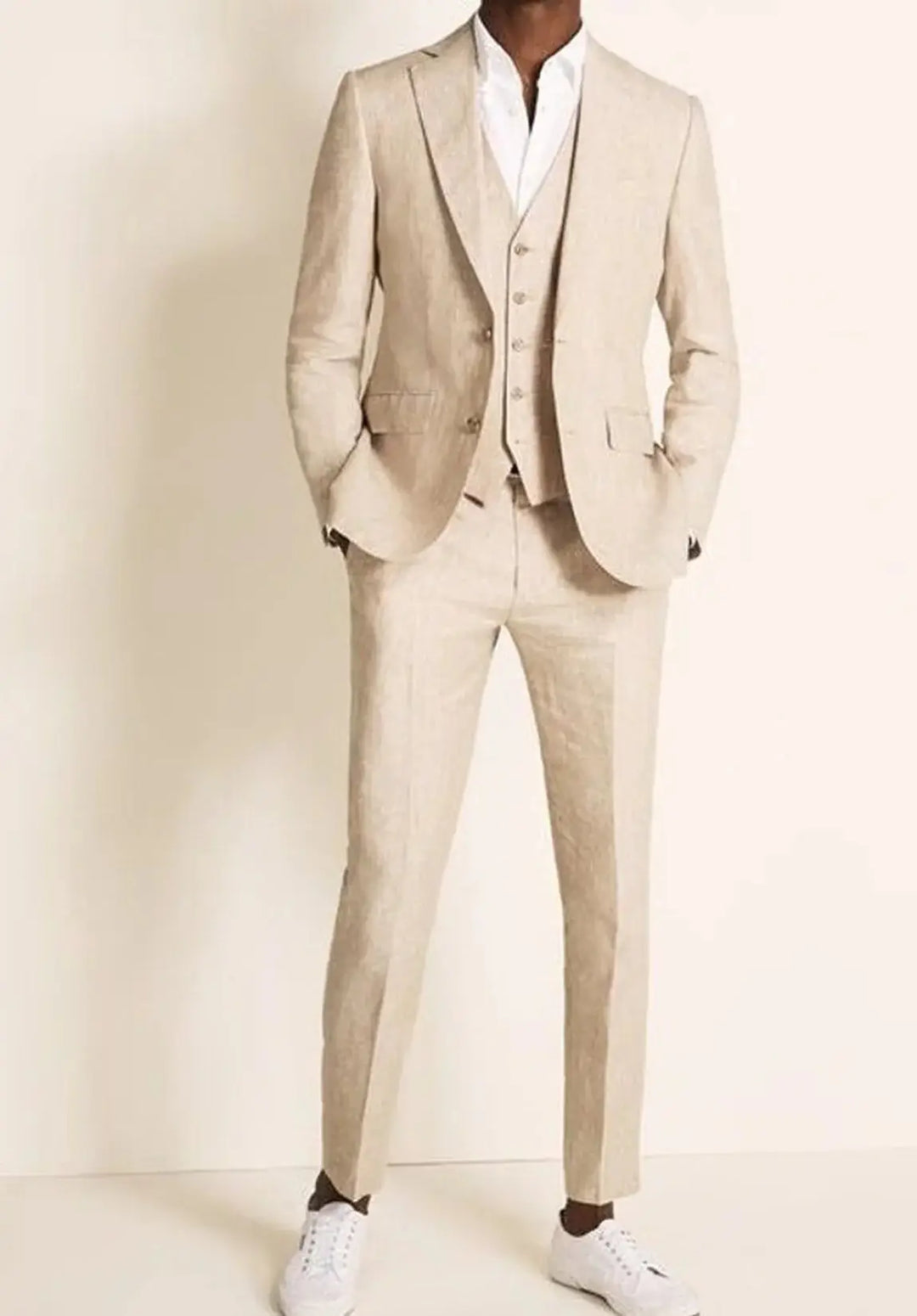 Costume Trois Pièces Homme Coupe Slim en Lin Respirant avec Col Notch et Gilet Six Boutons
