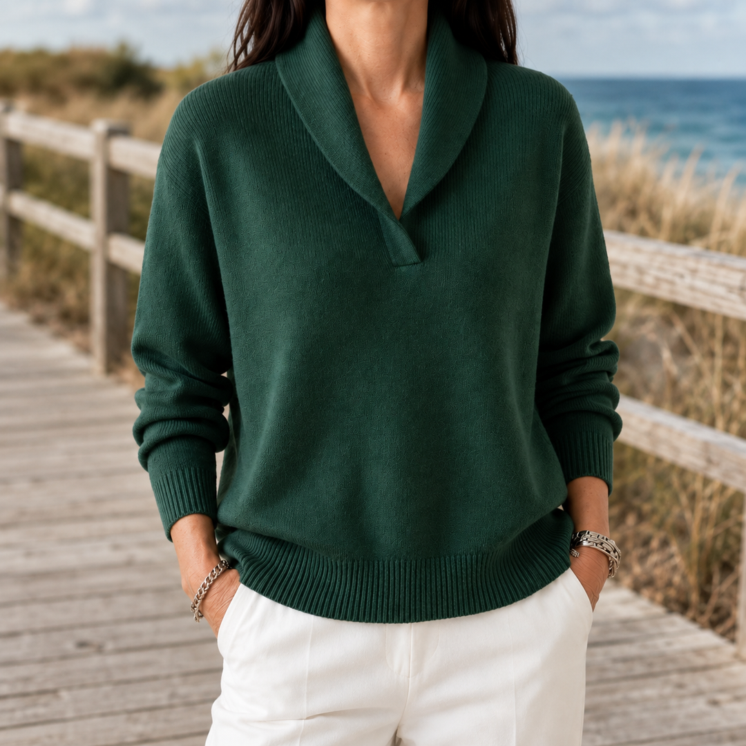 Pullover da donna in maglia fine con collo a scialle aperto e taglio casual