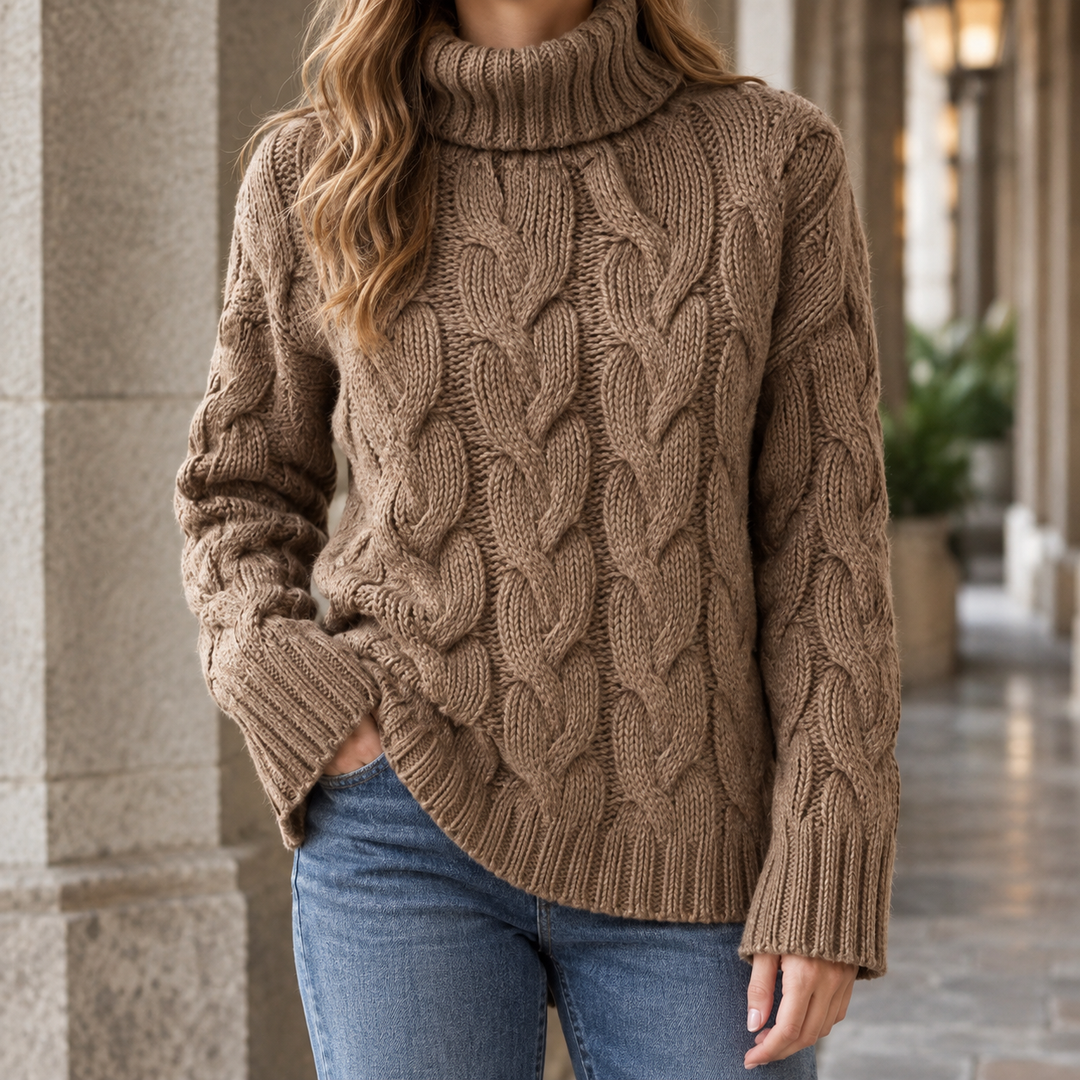 Women's Oversized Turtleneck Cable-Knit Sweater