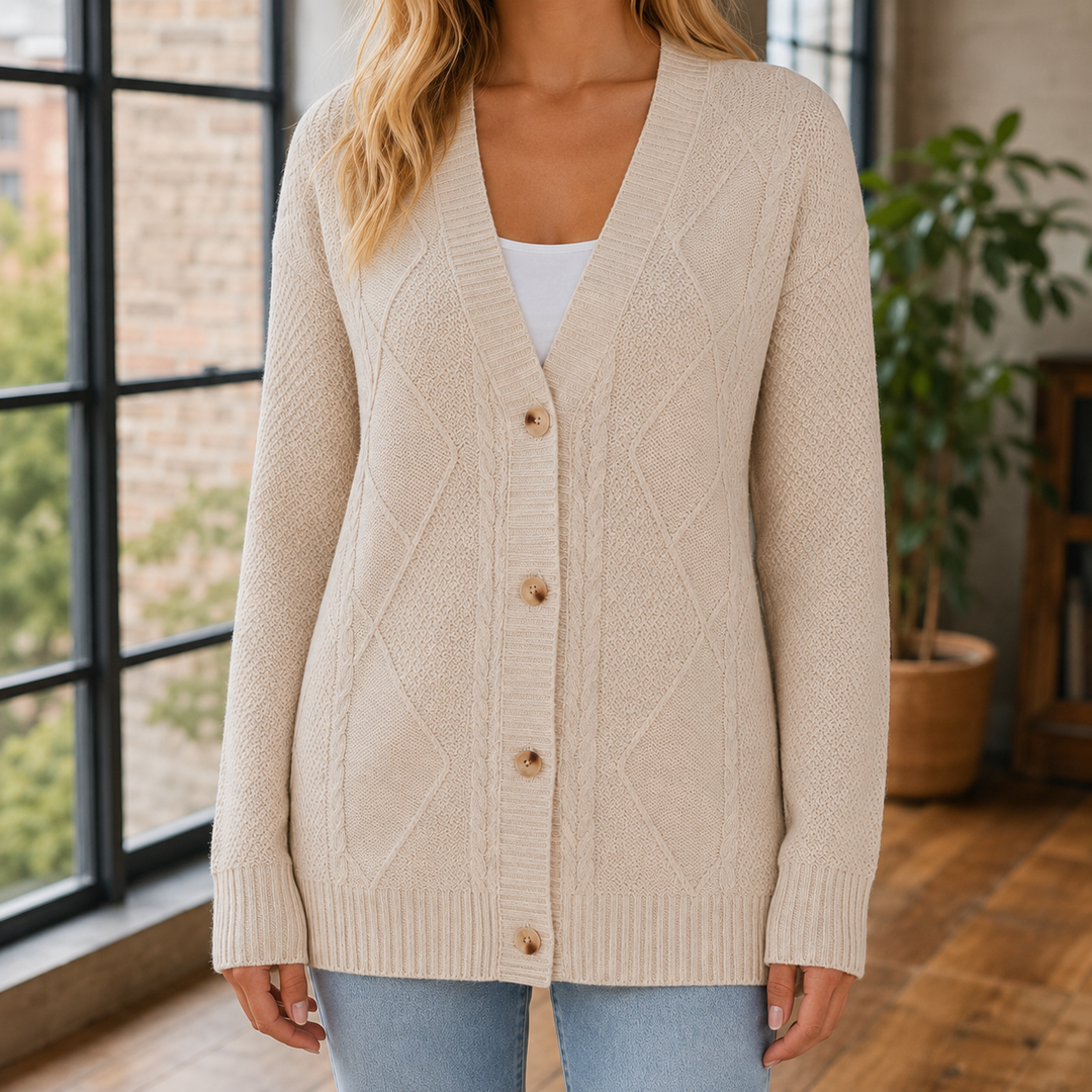 Cardigan Femme Col V Maille Losange Boutonné Manches Longues