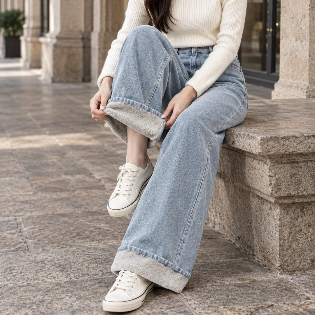 Women's Fleece-Lined Jeans Wide Leg High Waist