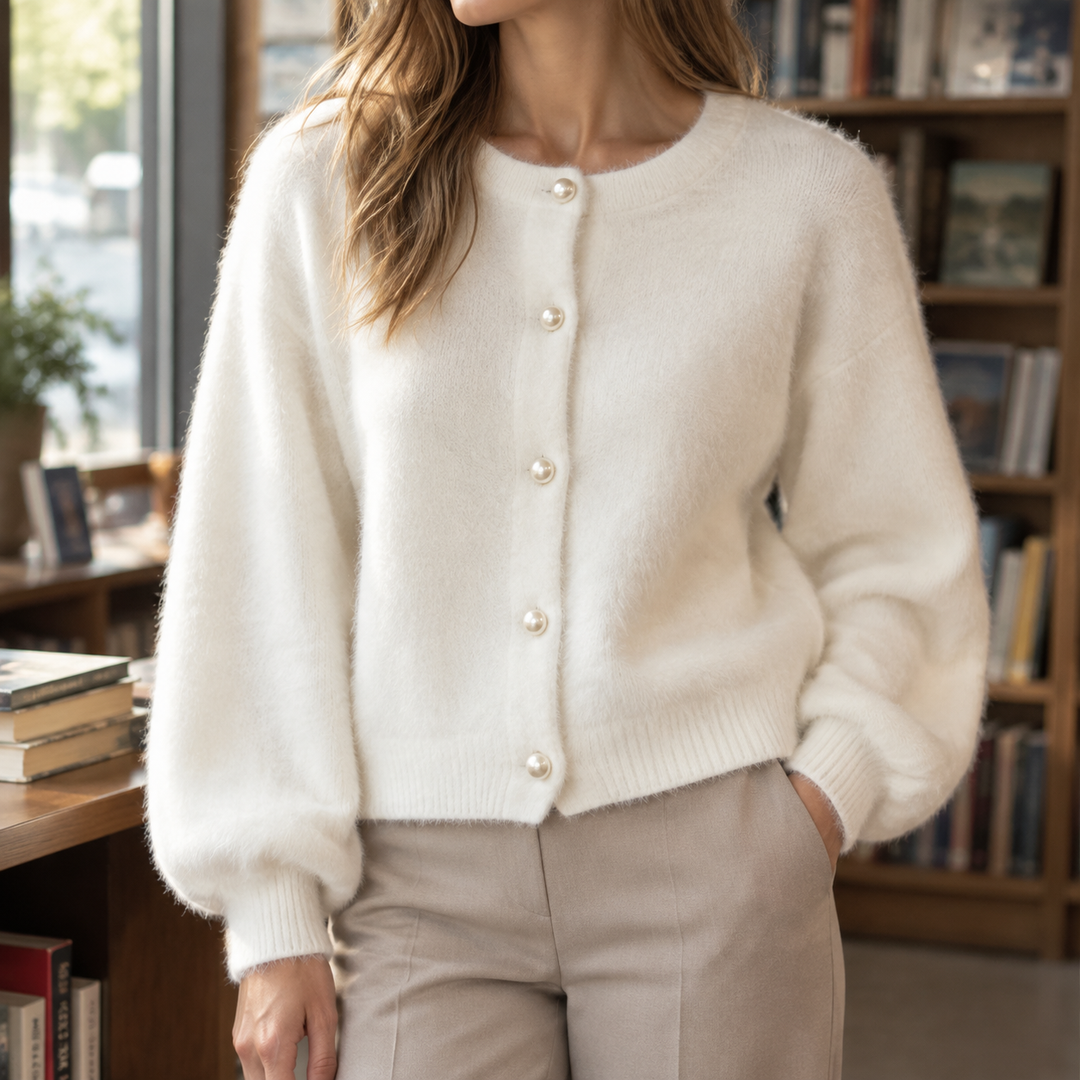 Cardigan da donna in maglia morbida con bottoni effetto perla e taglio casual