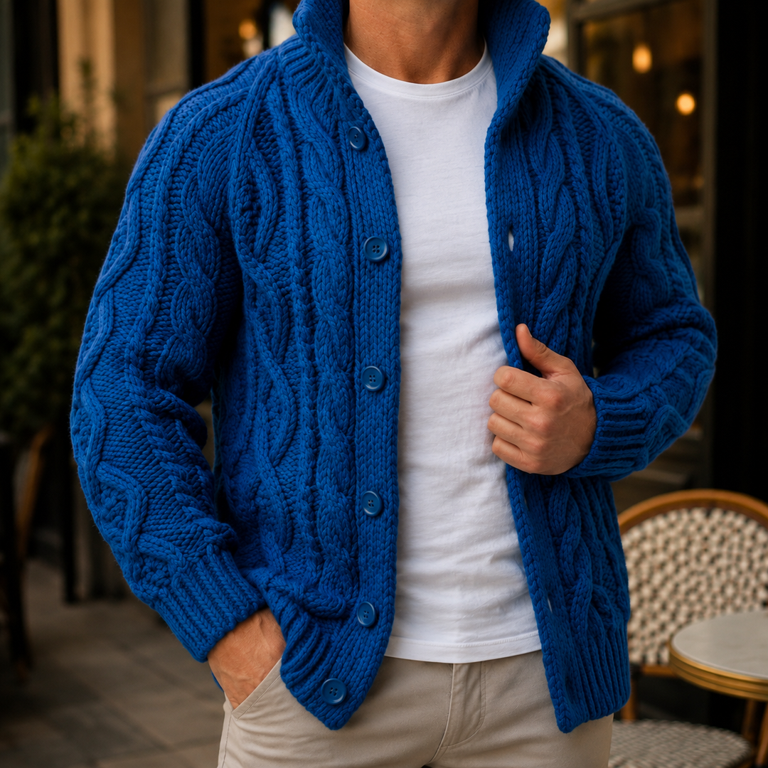 Maglione da uomo in maglia intrecciata con collo sciallato e bottoni