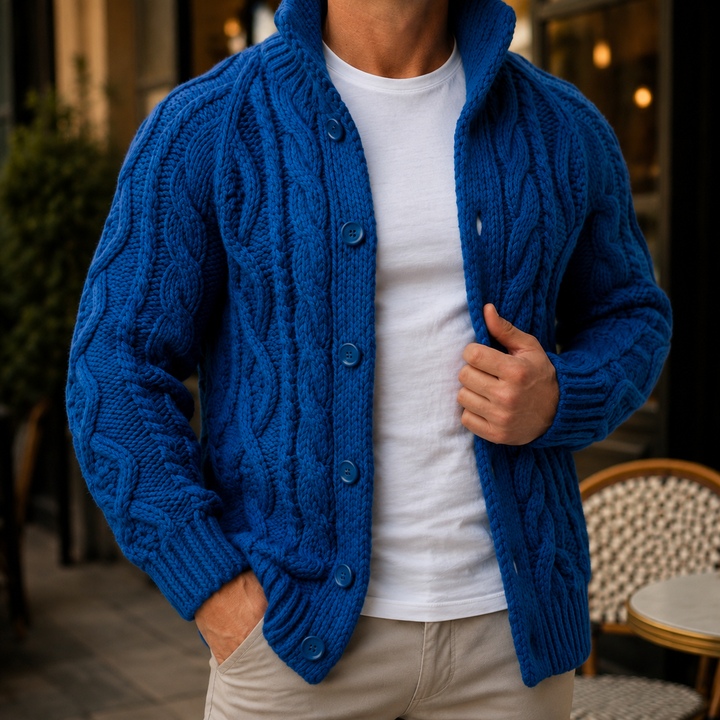 Maglione da uomo in maglia intrecciata con collo sciallato e bottoni
