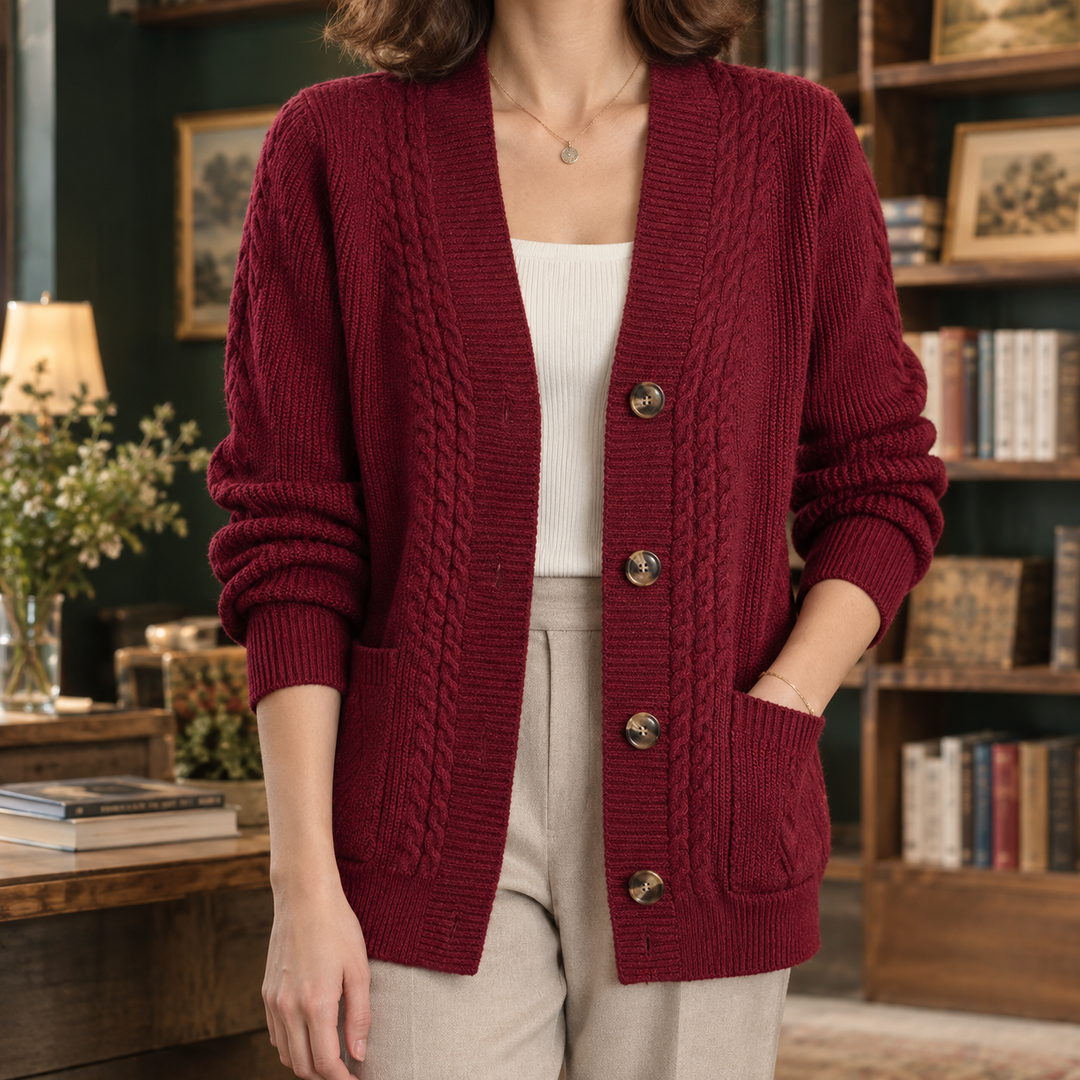 Cardigan da donna in maglia intrecciata con scollo a V, abbottonato e con tasche applicate