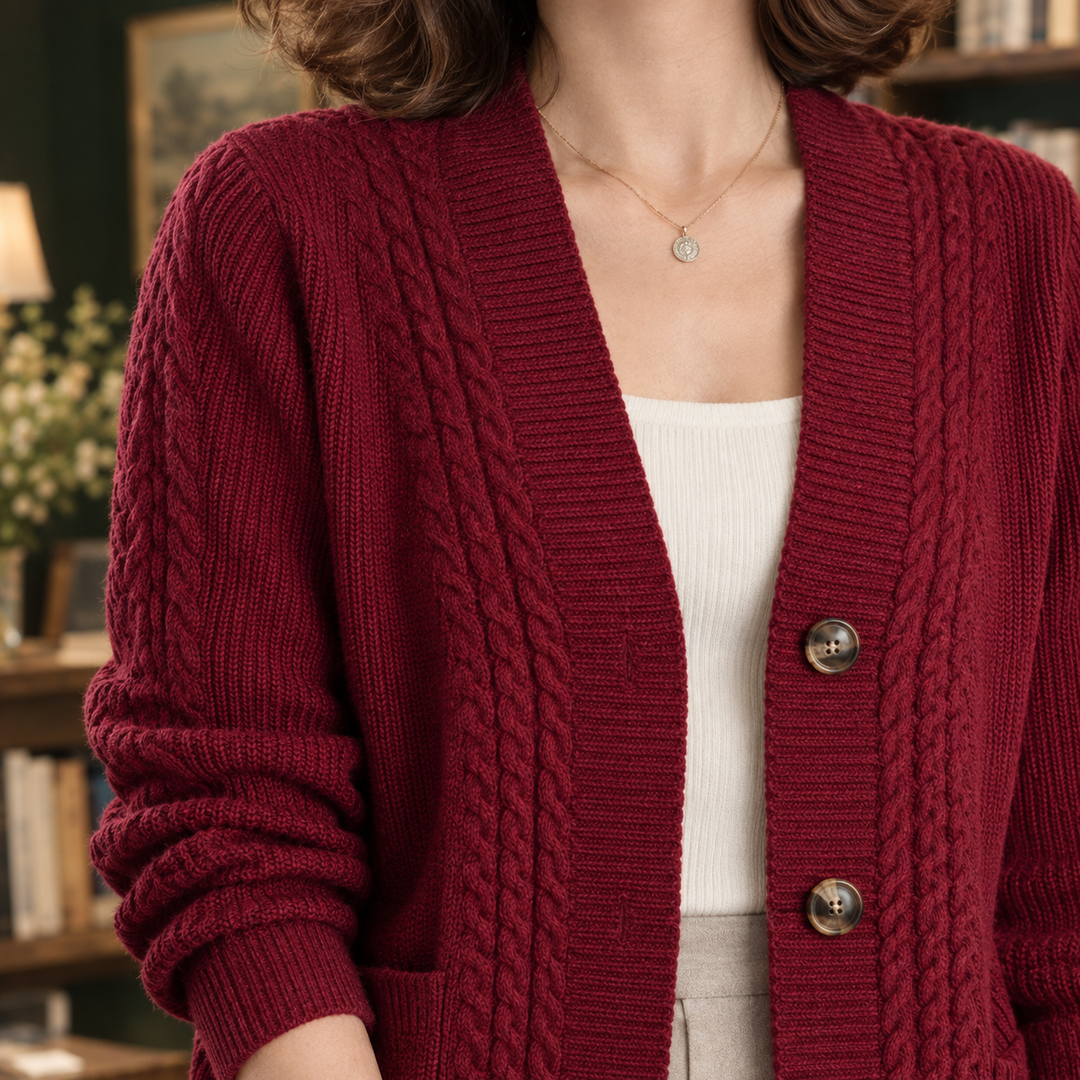 Cardigan da donna in maglia intrecciata con scollo a V, abbottonato e con tasche applicate