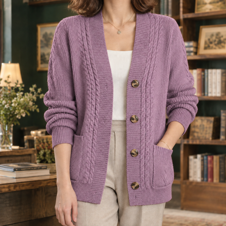Cardigan da donna in maglia intrecciata con scollo a V, abbottonato e con tasche applicate